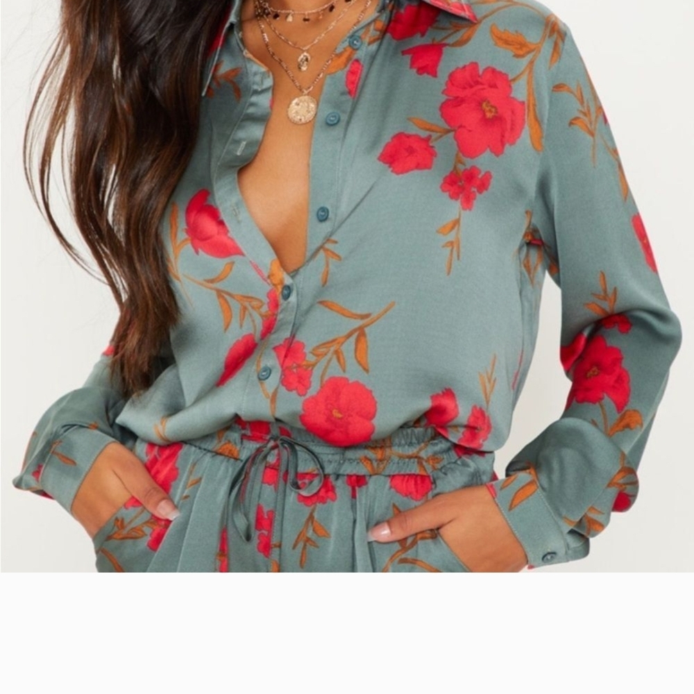 Fashion Nova Green Long Sleeve Notched Collar Blouse